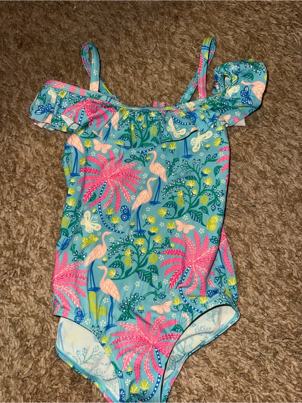 Mini Boden Girls Aqua One-Piece Swim with Pink Palm Print